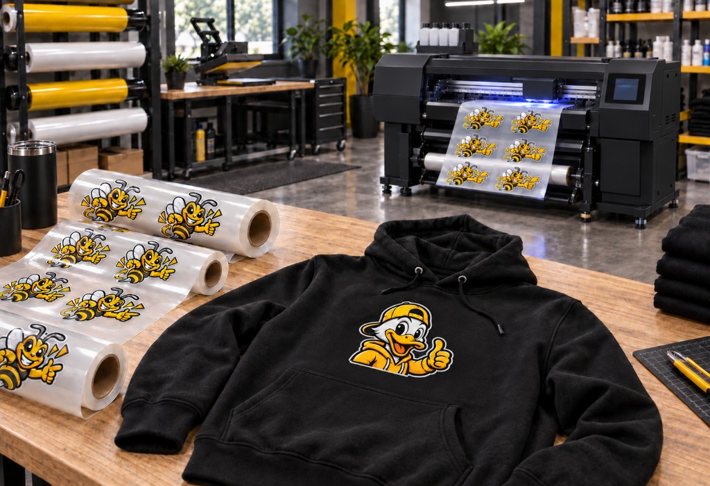 DTF transfers on film and a finished print pressed onto a hoodie