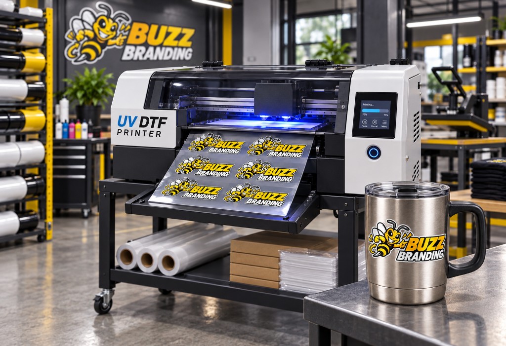 UV DTF printer producing Buzz Branding decals with a finished mug application